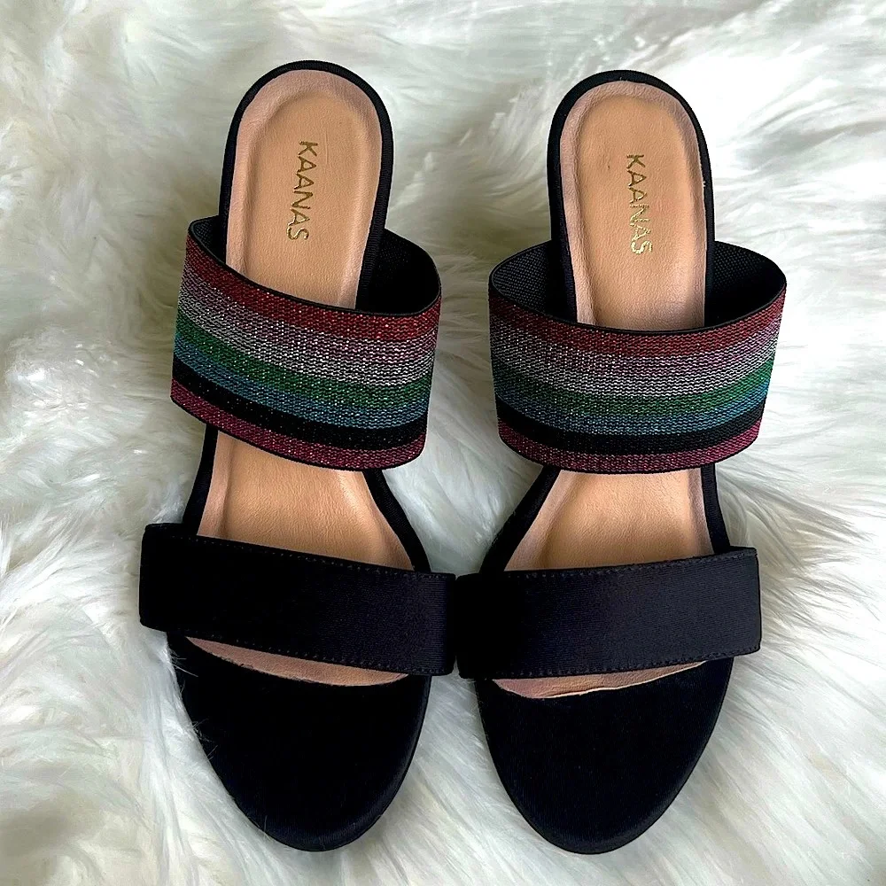 Kaanas size 37 NWOT black pink green multi color sparkley block heels